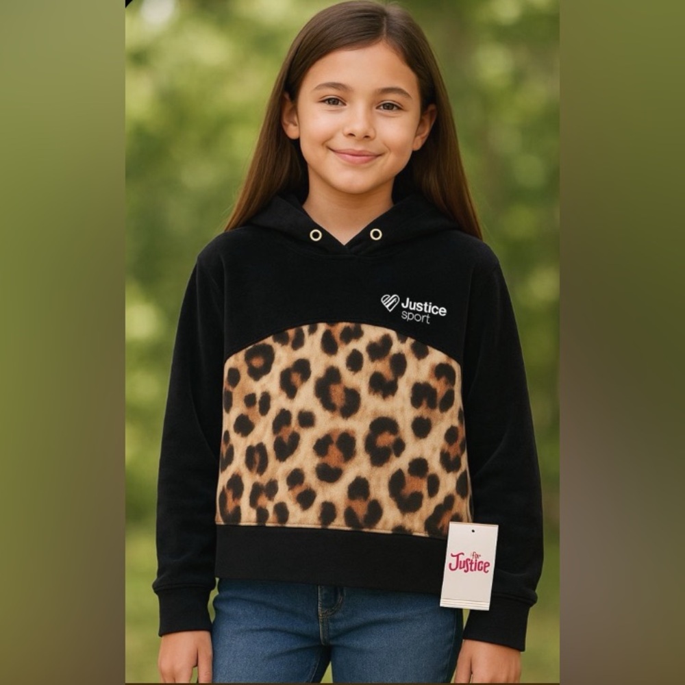 BNWT Justice Sport Black and Brown Leopard Print Kids Hoodie